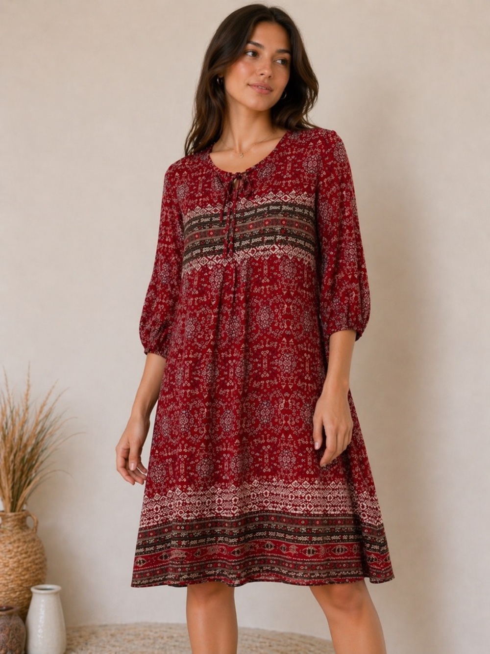 Melange red printed dress made in India XS